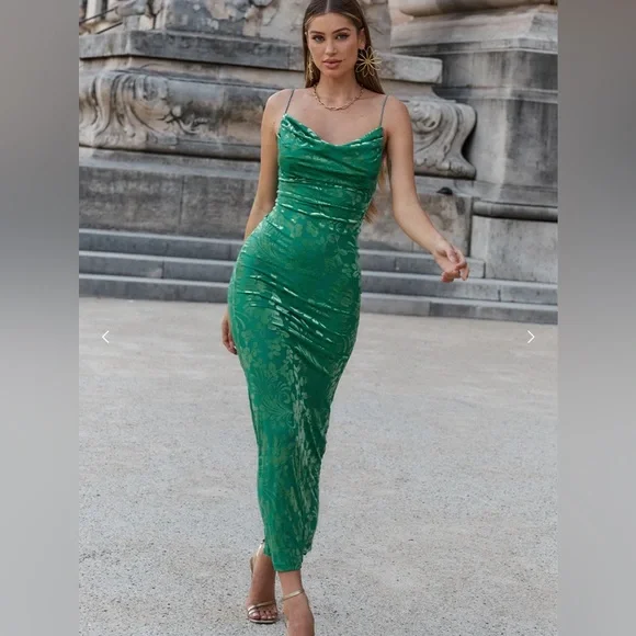 green emerald velvet dress RUNAWAY THE LABEL Benito Maxi Dress Calista Green